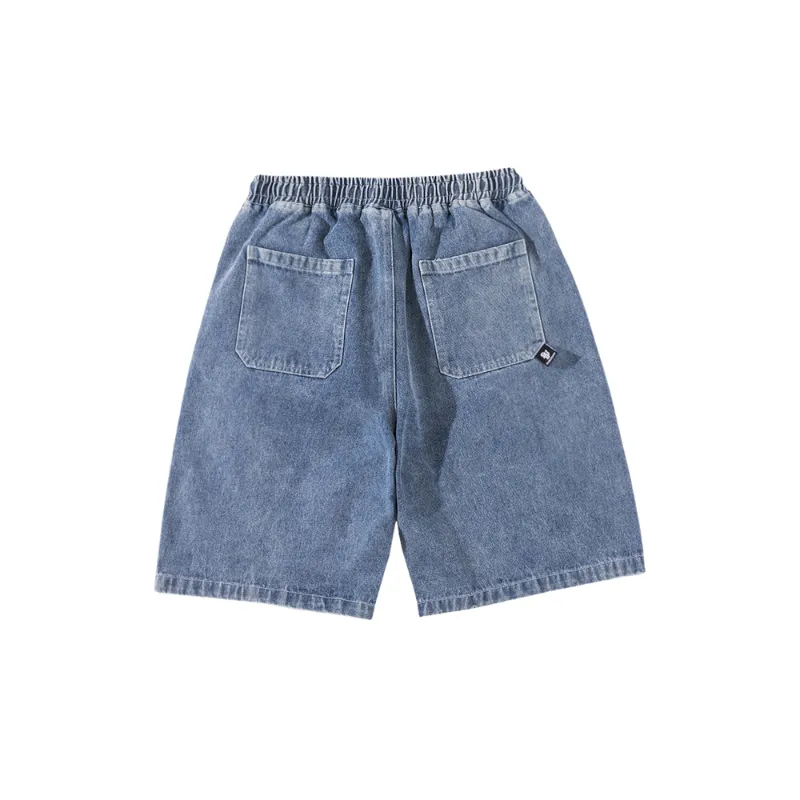 Retro Elastic Waist Washed Denim Shorts-3
