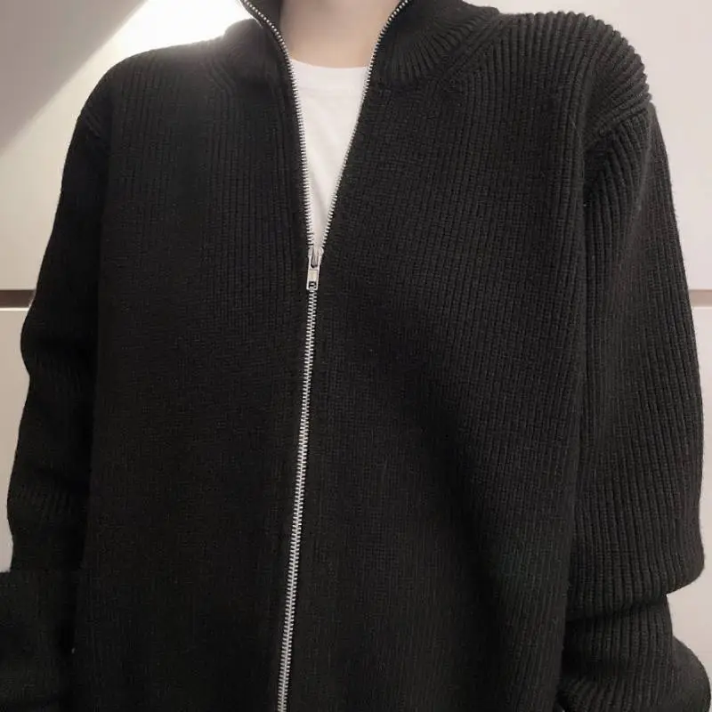 New Style High Collar Zipper Wool Cardigan Solid Color Sweater-7