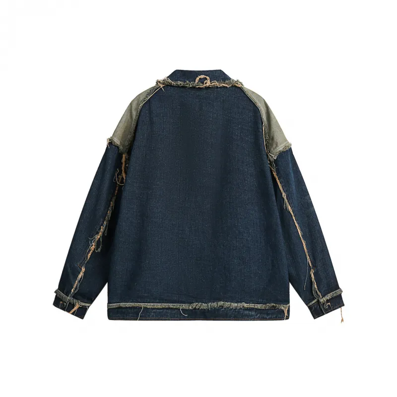 Retro Destroyed Raw Edge Patchwork Denim Jacket-1