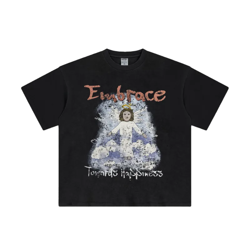 Washed Angel Print Retro T Shirt-0