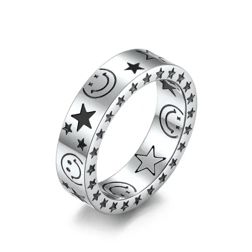 Ins Trendy Brand Fan Xingxing Smiley Titanium Steel Ring Trendy People Neutral Wear Star Moon Couple Ring Bracelet