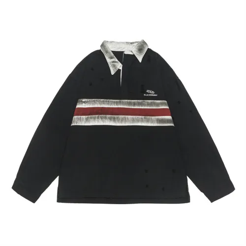 Patchwork Casual Style Striped Ripped Polo Sweatshirt