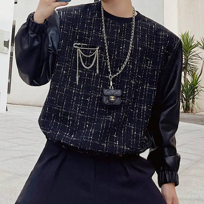 Patchwork Leather Pullover Sweater-2