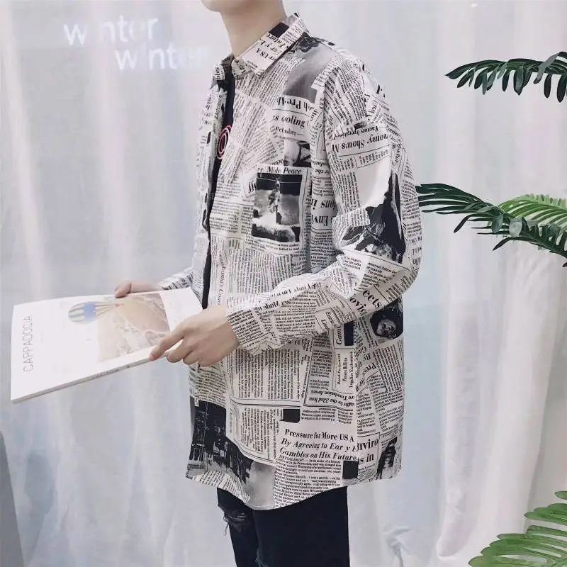 Loose Long Sleeved Newspaper Print Shirt-3