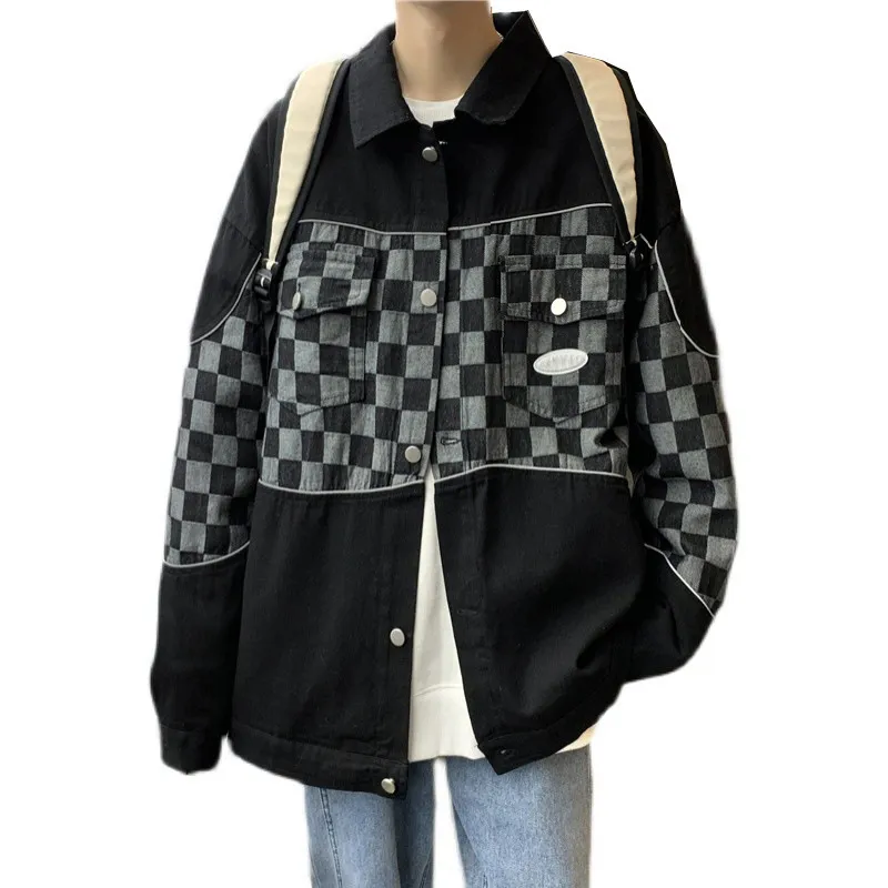 New Style Chessboard Stitching Denim Jacket-1