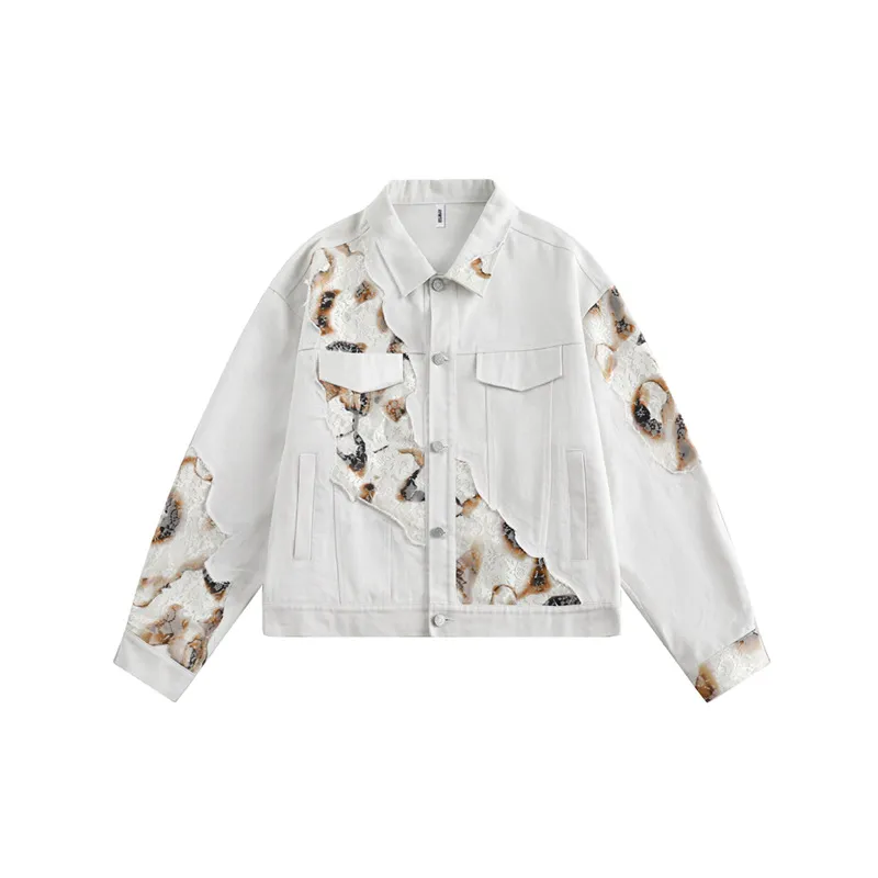 Spring New Burn Flower Lace Stitching Lass Denim Jacket-0