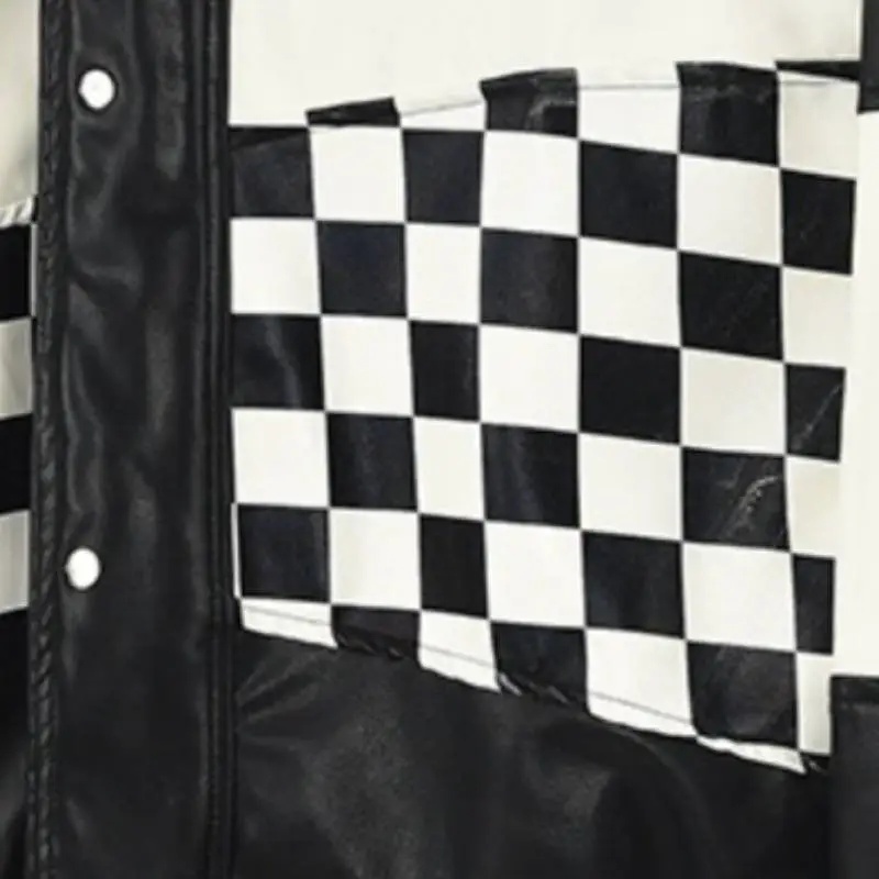 Advanced Sense Niche Chessboard Black and White Stitching Contrast Color Leather Jacket-4
