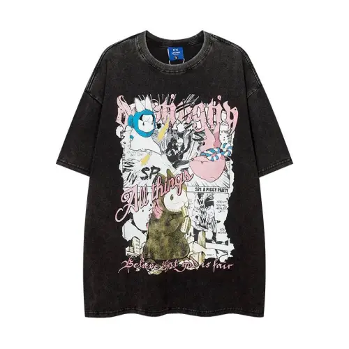 High Street Washed Old Cartoon Printed Short-sleeved T-shirt