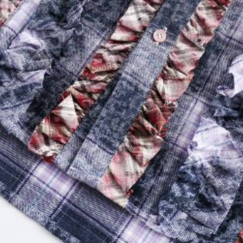 Retro Lace Stitching Plaid Contrast Color Loose Ear Edge Trendy Shirt-5