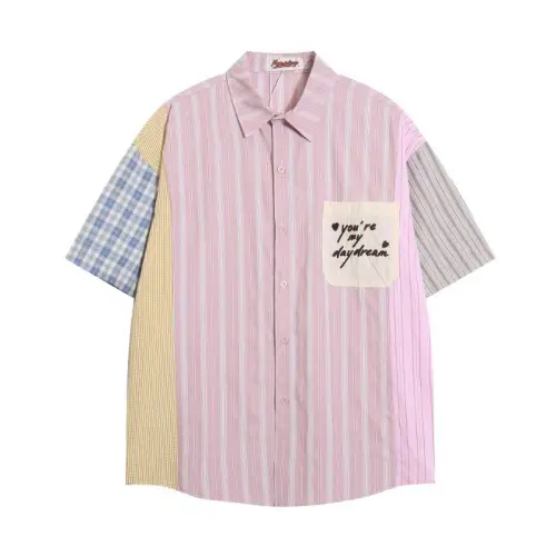 Stitching Plaid Short-sleeved Color-matching Embroidered Shirt