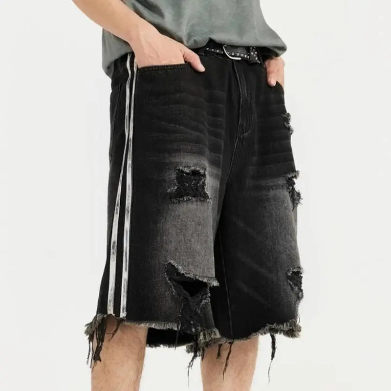 Hip Hop Street Striped Denim Shorts-8