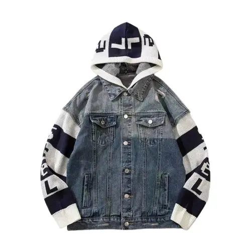 New Style Street Trendy Brand Patchwork Vintage Hoodie Denim Loose Fit Jacket