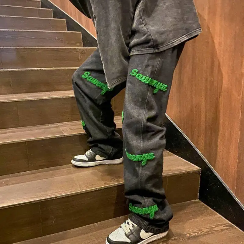 Flocking Embroidered Jeans Spring Trendy Brand High Street Ins Hong Kong Style Pants Spring And Autumn Loose Straight Wide Leg Pants-4