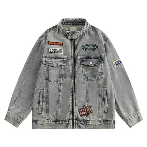 Trendy Brand Motorcycle Style Embroidered Denim Jacke