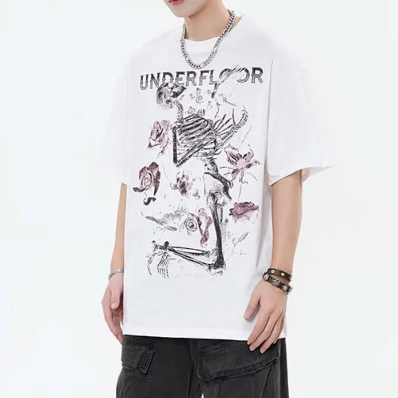 Hip Hop Skull Plant Print Trendy T Shirt-2