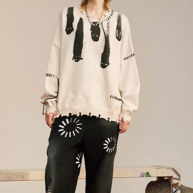 Meteor Falling Crewneck Fringed Designer Printed Wool Sweater-4