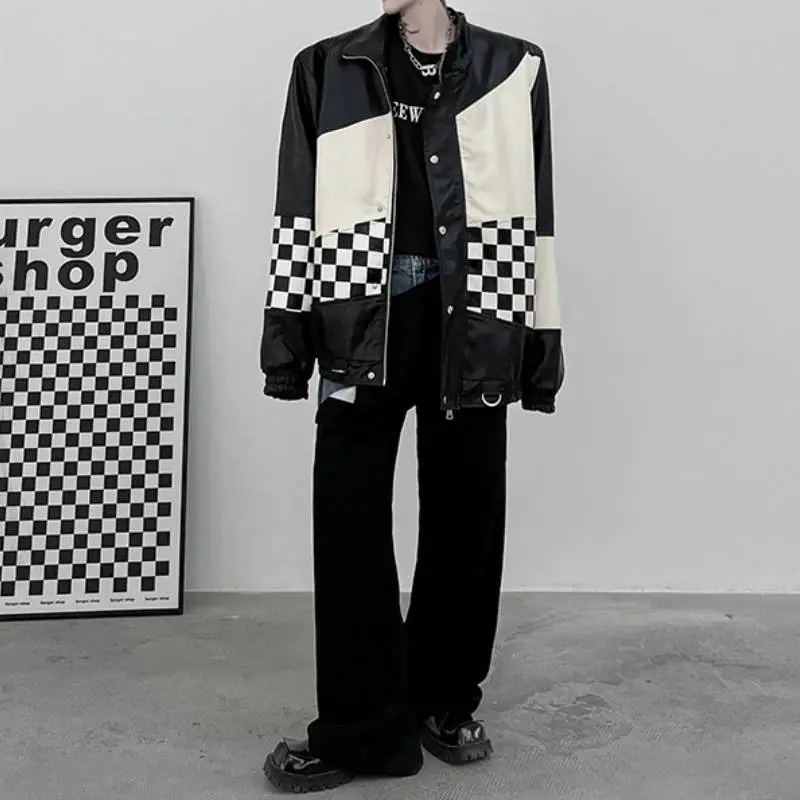 Advanced Sense Niche Chessboard Black and White Stitching Contrast Color Leather Jacket-1