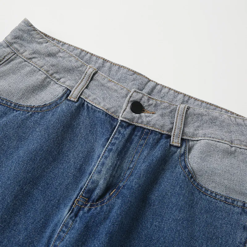 Stitching Loose Straight Color Contrast Jeans-3