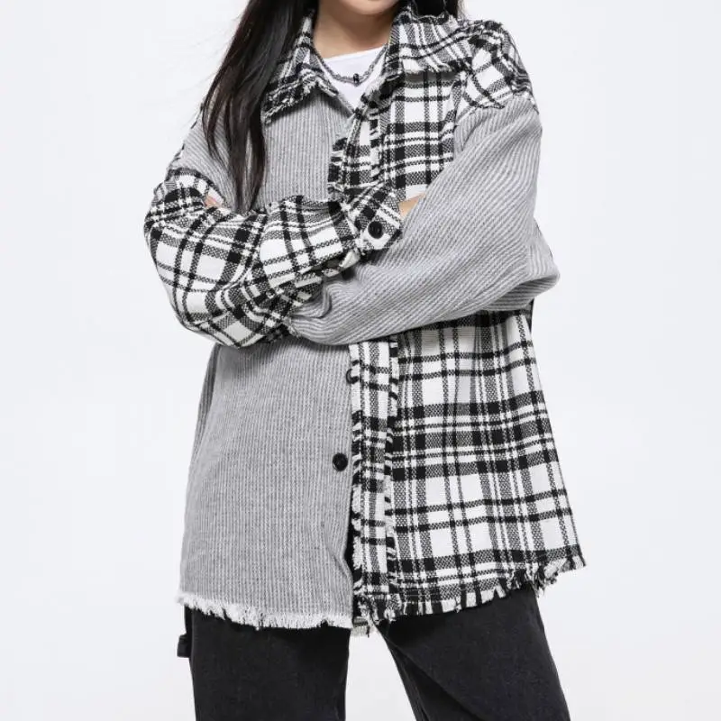 Design Spliced Plaid Long Sleeve Shirt-3