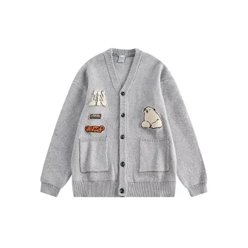 Label Decorative V neck Fashion Loose Long sleeved Sweater