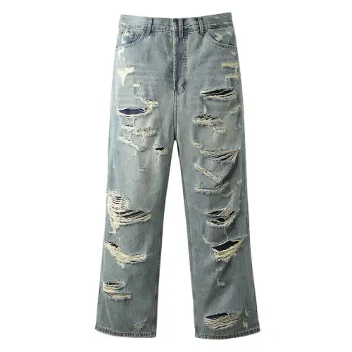 High Street Knife Cut Washed Straight Wide Leg Jeans