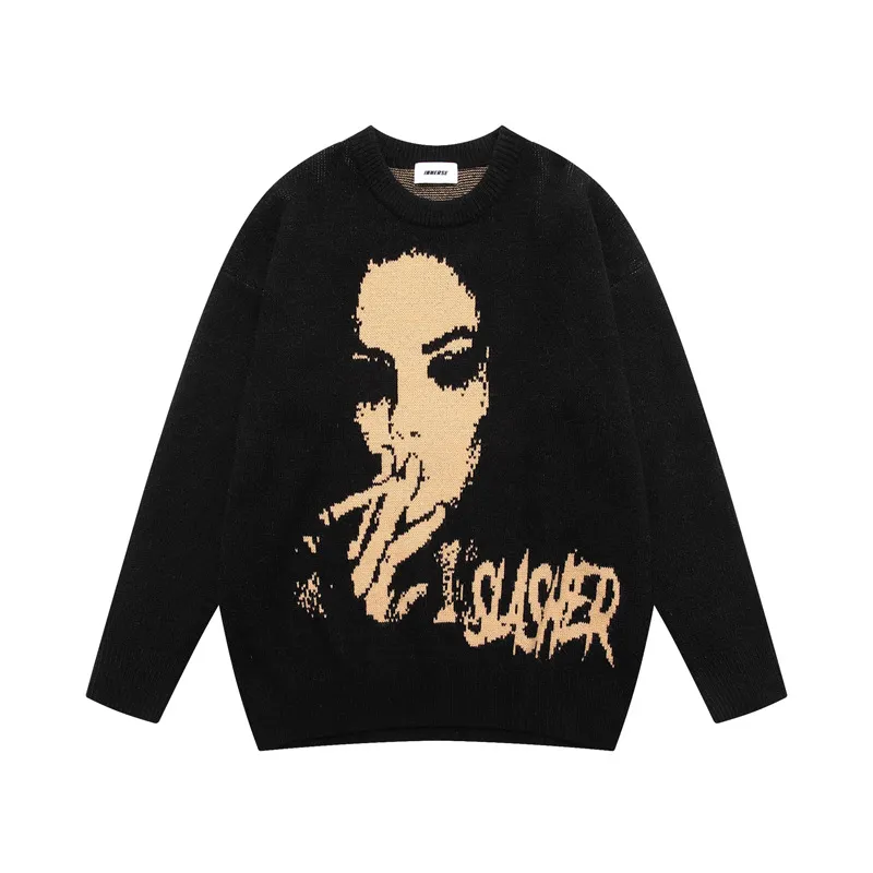 Street Vintage Figure Jacquard Crewneck Sweater - POIZON