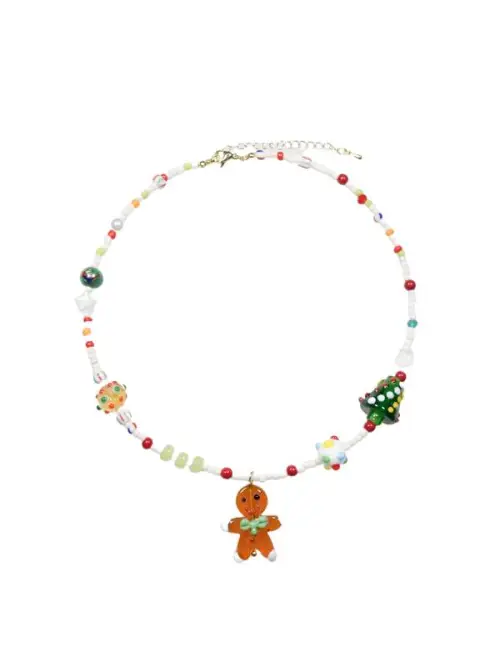 Gingerbread Man and Christmas Tree Colorful Glass Bead Necklace Christmas Gift