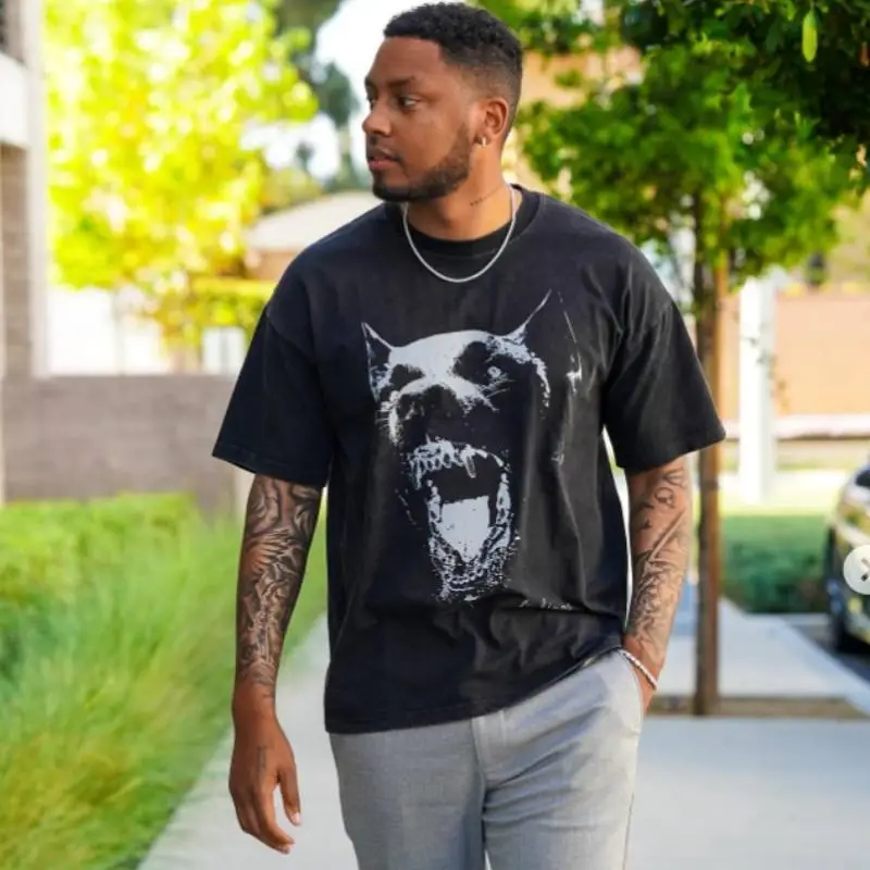 Doberman Print Washed T shirt swag OOTD-6