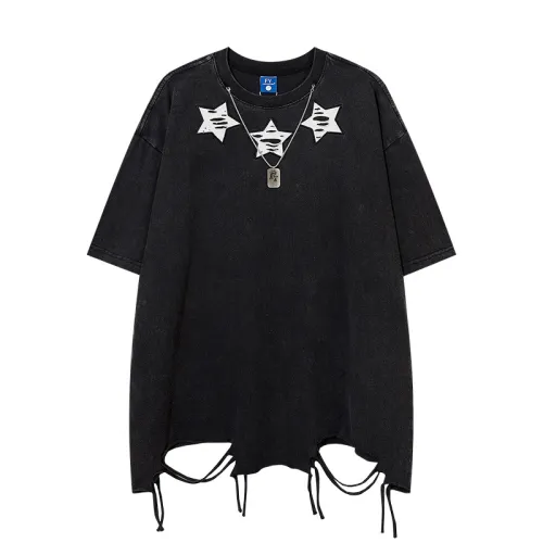 Five-Pointed Star Printed Washed Half-Sleeved T-Shirt