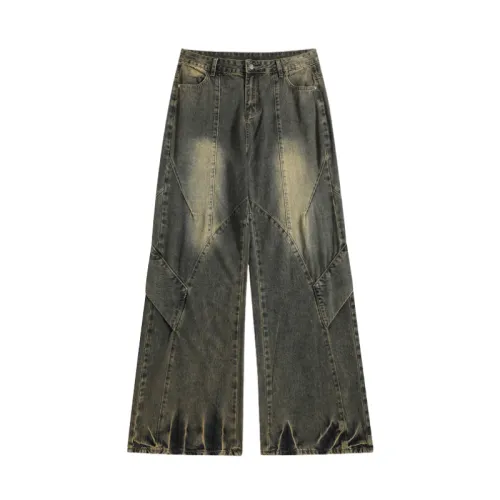 Vintage Yellow Mud Stitching Washed Jeans