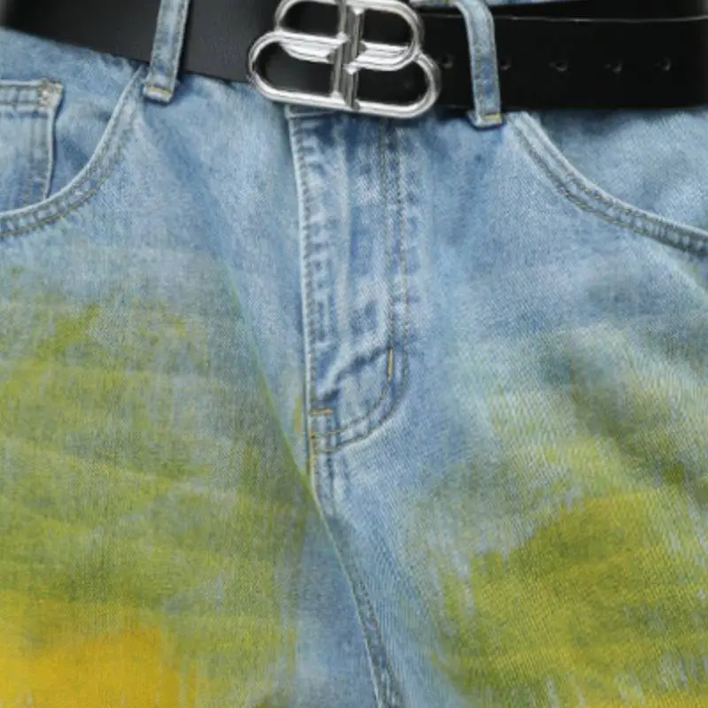 Retro Split Edge Grinding Yellow Hand painted Jeans-3