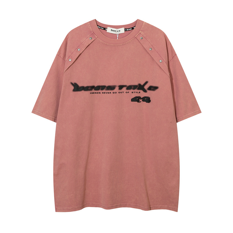 【SATIIIZ】Pawson Vintage Washing Rivet T-Shirt Vintage Washed Old Rivet Design Short Sleeve T-shirt - POIZON
