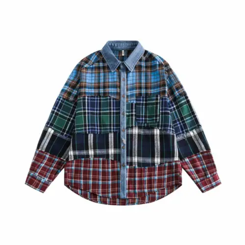 American Style Retro Plaid Stitching Design Sense Long Sleeve Loose Shirt