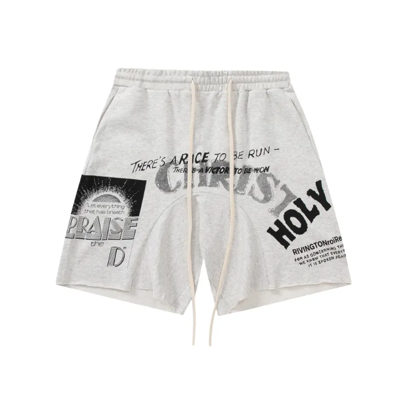Letters Printed Drawstring Loose Casual Shorts-0