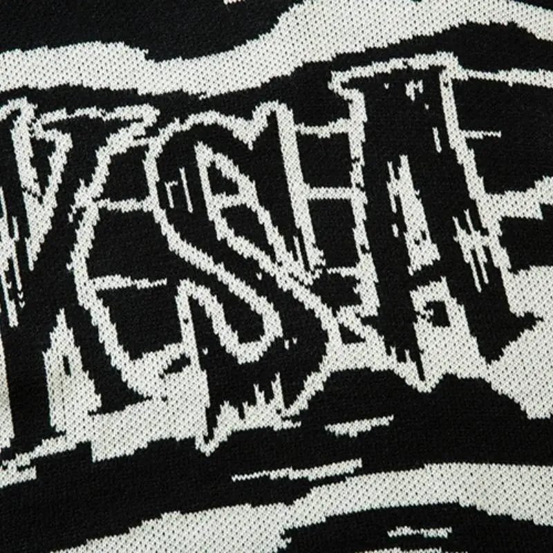 High Street Lazy Style Hole Yarn dyed Creative Pattern Loose Crewneck Sweater-2