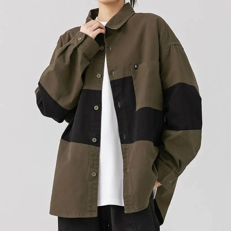 Long sleeved Retro Stitching Contrast Color Trendy Shirt-3