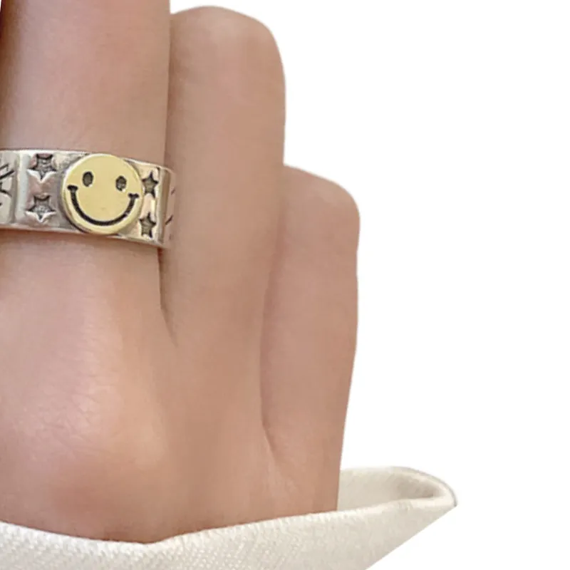 925 Silver Ring Does Not Fade Small Smiling Face Hip hop Index Finger Ring Opening Exaggerated Design Ring Women Wholesale-1