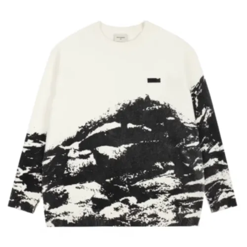 ATRY Full Print Snow Mountain Crewneck Sweater National Fashion Artistic Texted Loose All-match Casual Top