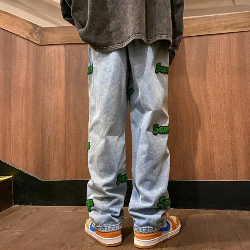 Flocking Embroidered Jeans Spring Trendy Brand High Street Ins Hong Kong Style Pants Spring And Autumn Loose Straight Wide Leg Pants-2