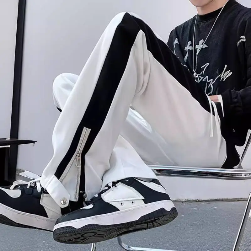 Contrast Color Stitching Zipper Casual Pants-3