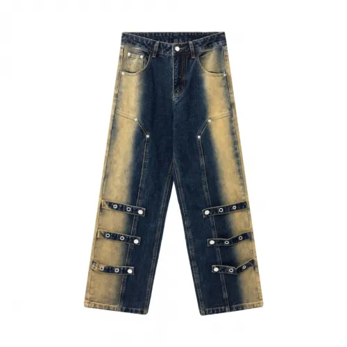 High Street Washed Old Spray Strap Decorative Jeans