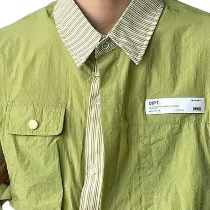 Niche Loose Short sleeved Striped Stitching Fake Two piece Shirt-4