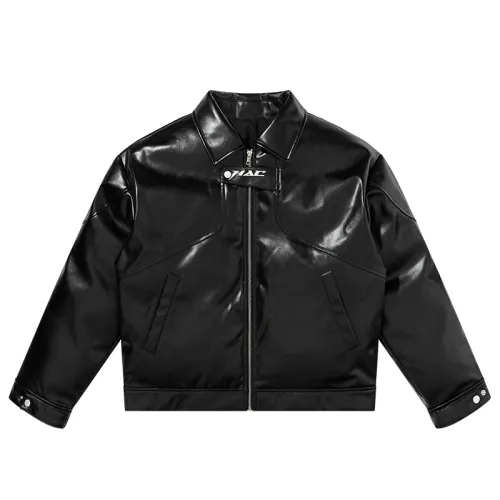 HARSH AND CRUEL Street sense three-dimensional leather embroidery racing elements deconstructed warm lapel thickened loose solid color cotton jacket