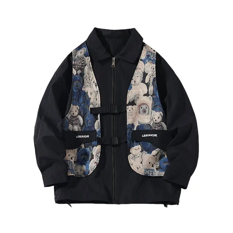 Large Size Bear Embroidered Fake Two-piece Jacket - POIZON