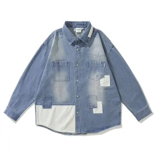 Japanese Style Vintage Patch Stitching Tooling Denim Shirt Loose Long Sleeve Shirt Jacket