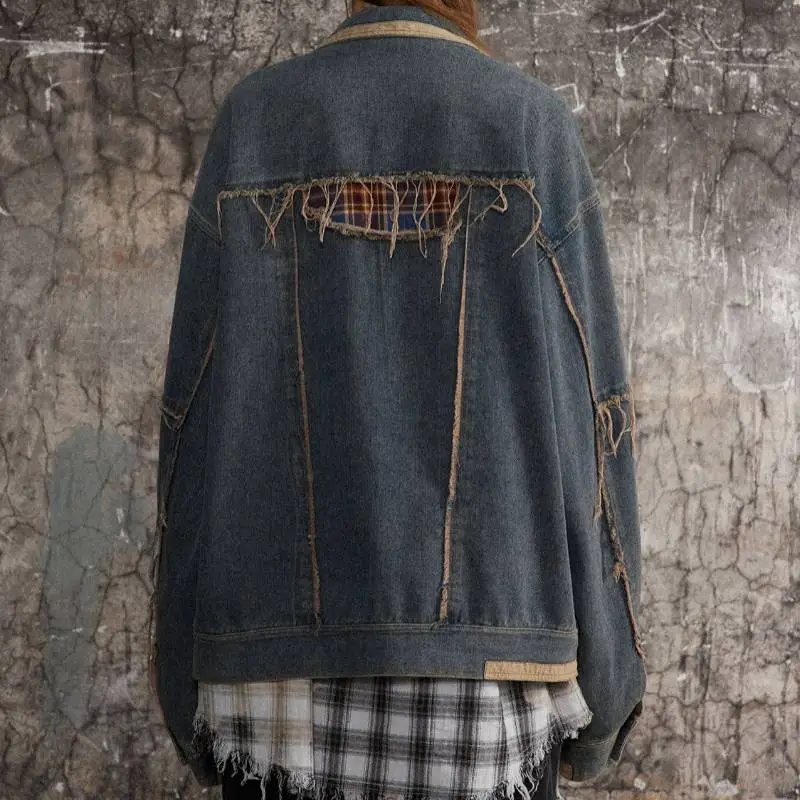 Tide Retro Washed Plaid Stitching Denim Jacket-3