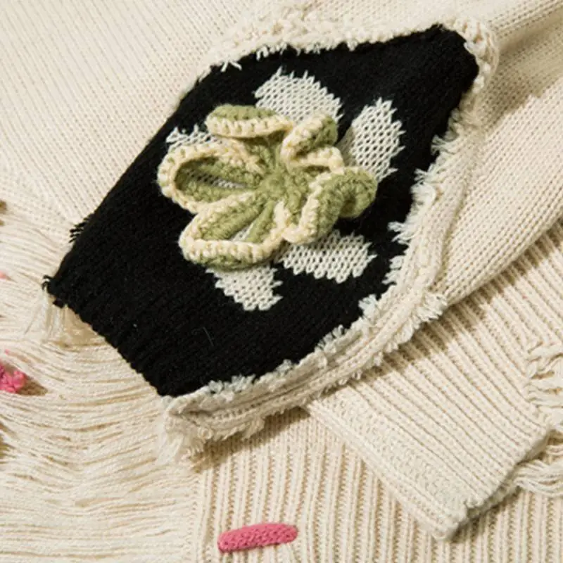Tide High Street Lazy Style Small Flower Rip Knit Sweater-6