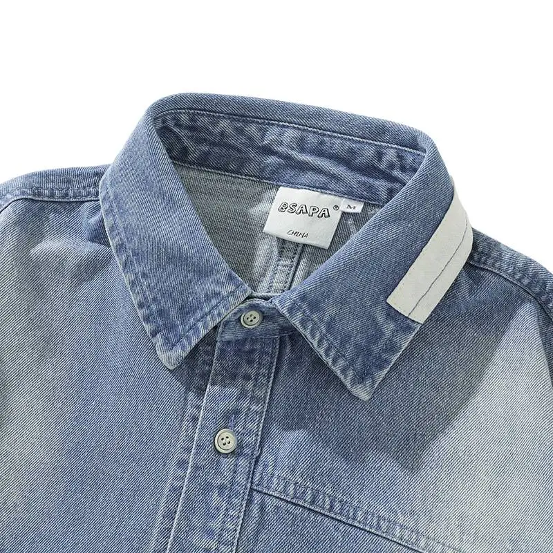 Contrasting Color Patchwork Turn down Collar Denim Shirt-2