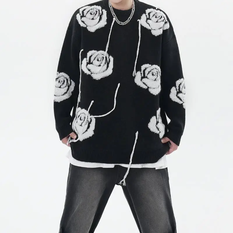 Lazy Style Chic Design Rose Tassel Long Sleeve Retro Knitted Wool Sweater-2