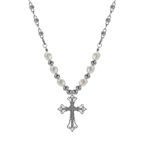 Retro Cross Pearl Pendant Necklace